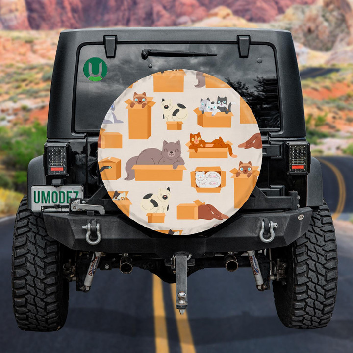 Cats In Cardboard Transportation Boxes Cartoon Spare Tire Cover - Jeep Tire Covers
