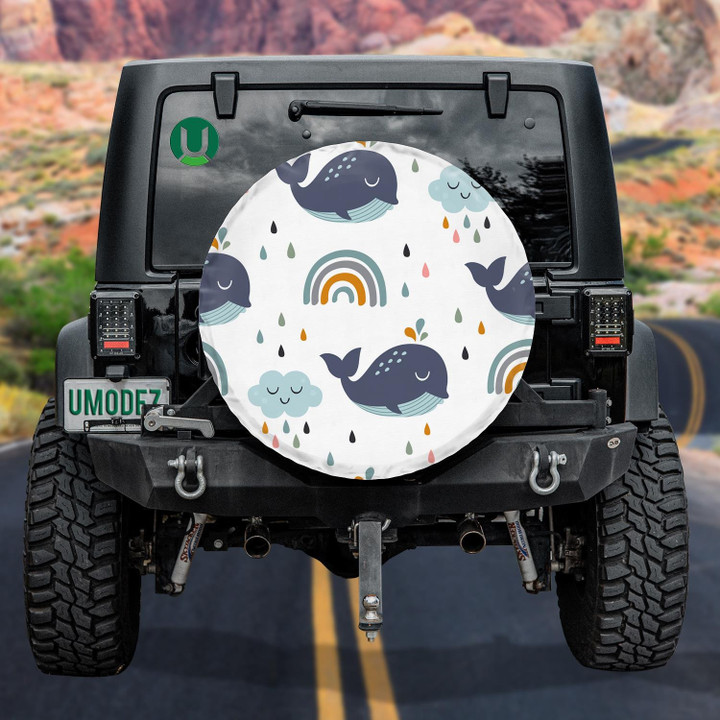 Baby Blue Whales Rainbow And Clouds On White Background Spare Tire Cover - Jeep Tire Covers