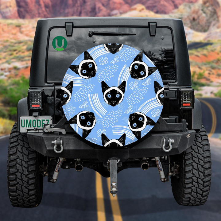 Siamese Cat Face And Decorative Elements On White Spare Tire Cover - Jeep Tire Covers