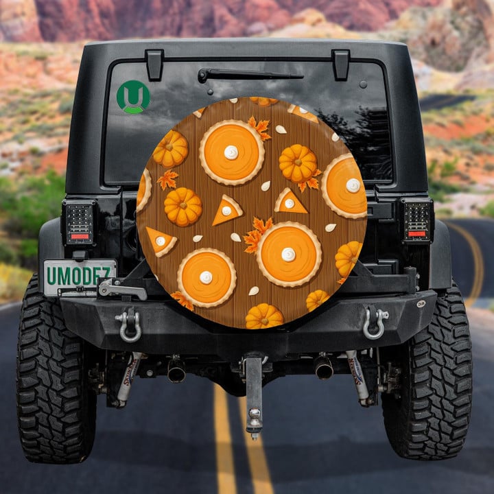 Wooden Background Theme With Pumpkin Pie Seeds And Leaves Spare Tire Cover - Jeep Tire Covers