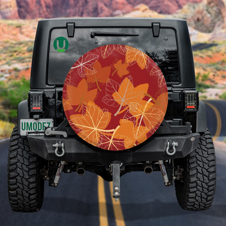 Hand Drawn Maple Leaves And Orange Silhouette Pattern Spare Tire Cover - Jeep Tire Covers