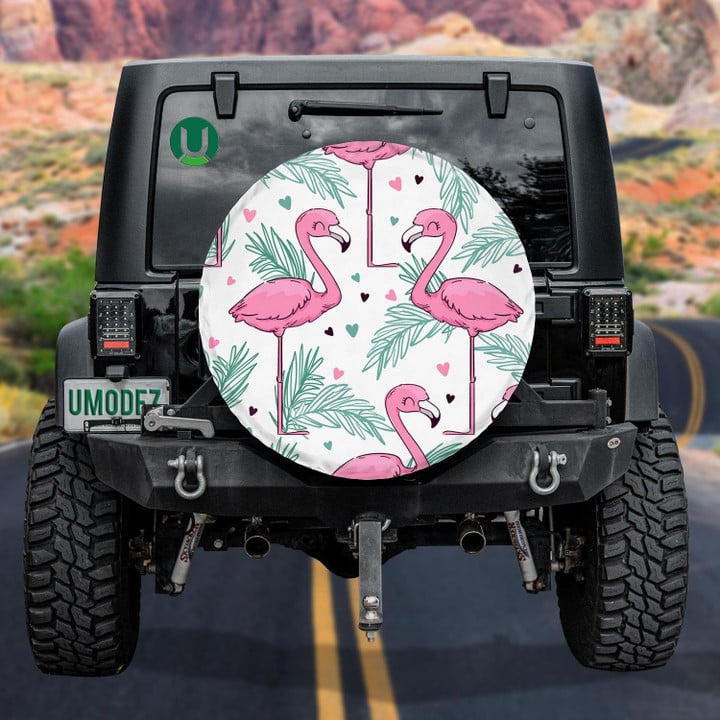 Lovely Flamingo With Tropical Palm Leaves And Small Heart Spare Tire Cover - Jeep Tire Covers