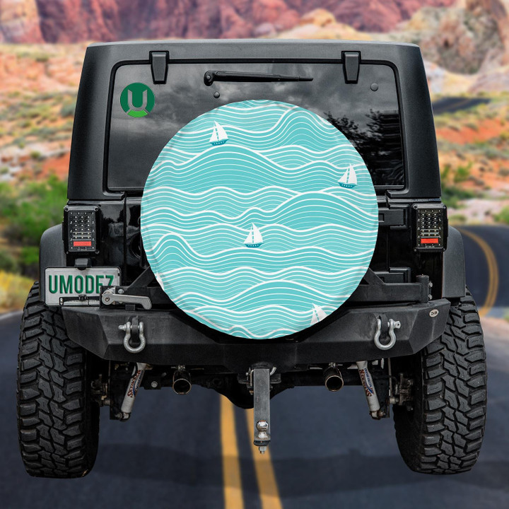 Small Boats On Sea Waves Illustration Spare Tire Cover - Jeep Tire Covers