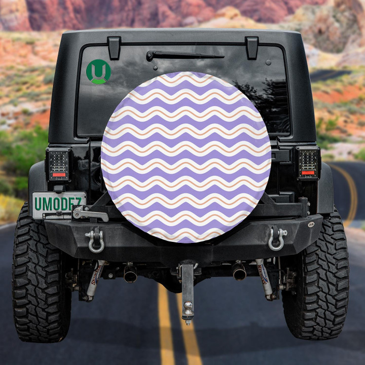 Cheerful Pattern With White And Pink Waves On A Purple Background Spare Tire Cover - Jeep Tire Covers