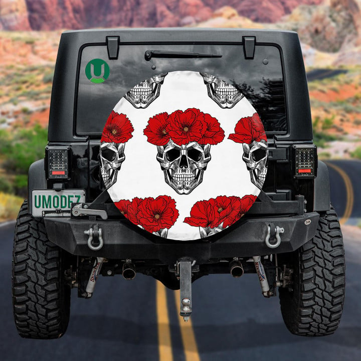 Human Skull In Circlet Of Red Flowers Spare Tire Cover - Jeep Tire Covers