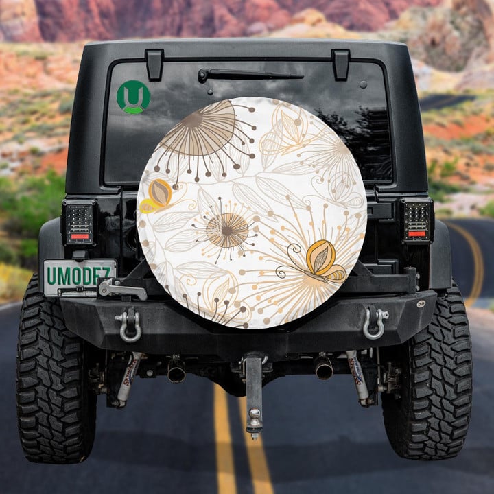 Hand Drawn Retro Style With Butterfly And Flowers Spare Tire Cover - Jeep Tire Covers