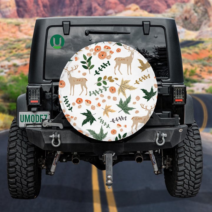 Deer And Autumn Beige Maple Leaves Flowers White Background Spare Tire Cover - Jeep Tire Covers