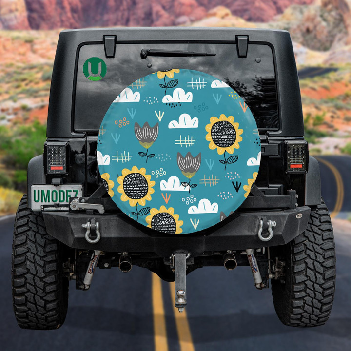 Cartoon Cute Nature Sunflowers Elements Pattern Spare Tire Cover - Jeep Tire Covers