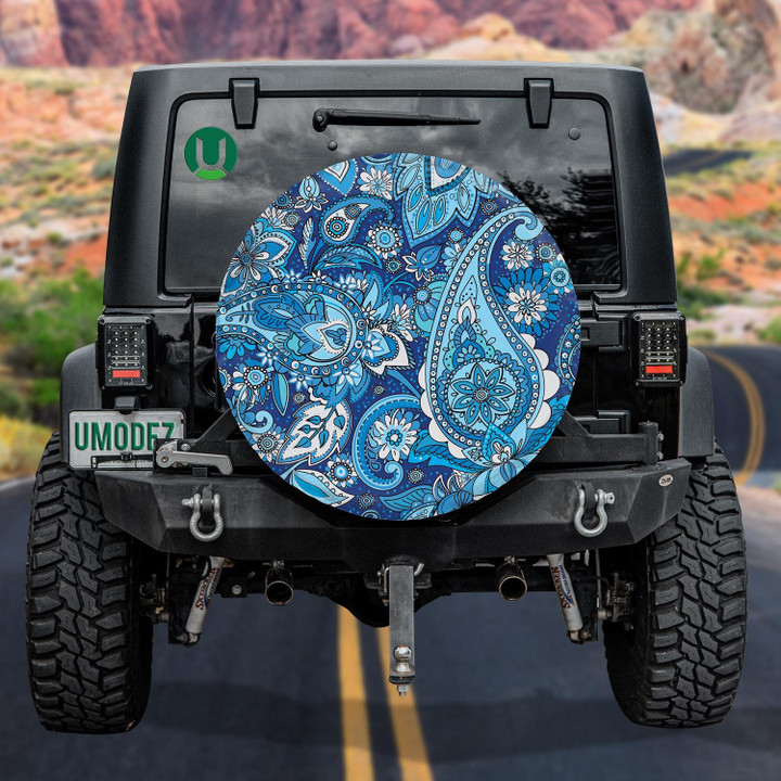Traditional Paisley Floral And Leaves In Blue Color Pattern Spare Tire Cover - Jeep Tire Covers