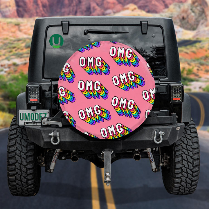 Awesome Words Oh My God By Rainbow Layers Pattern Pink Background Spare Tire Cover - Jeep Tire Covers