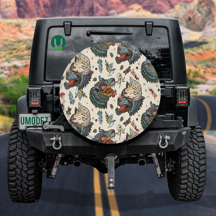 Wolf Head Old School Tattoo Art Spare Tire Cover - Jeep Tire Covers