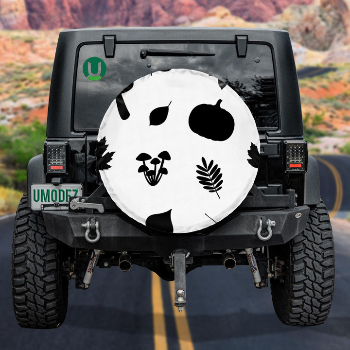 Graphic Black Silhouette Of Mushrooms Leaves And Pumpkins Spare Tire Cover - Jeep Tire Covers