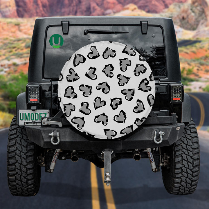 Leopard Heart Black And Grey Spots On Light Grey Background Spare Tire Cover - Jeep Tire Covers