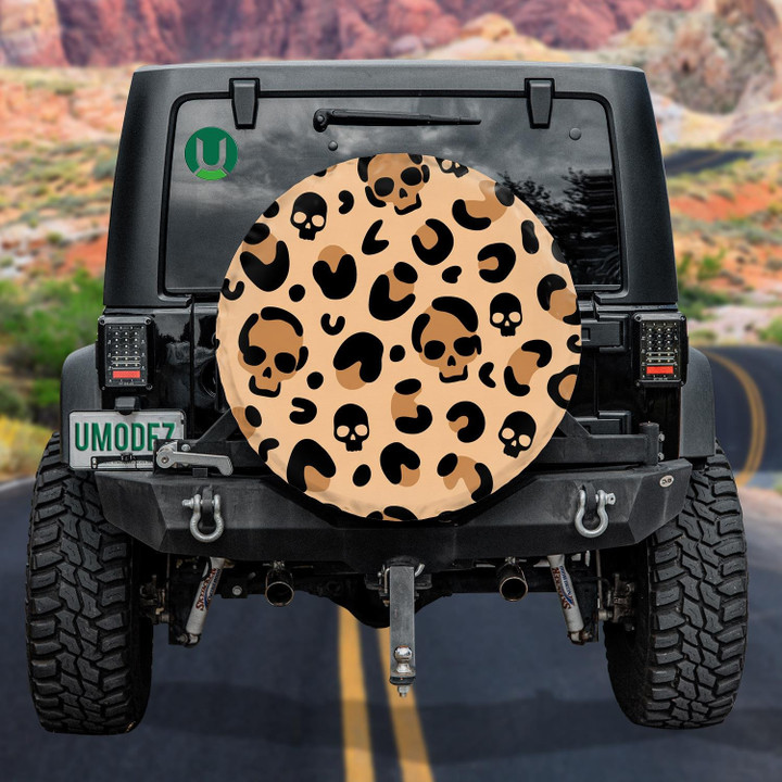Camouflage Leopard With Skull On Beige Background Spare Tire Cover - Jeep Tire Covers