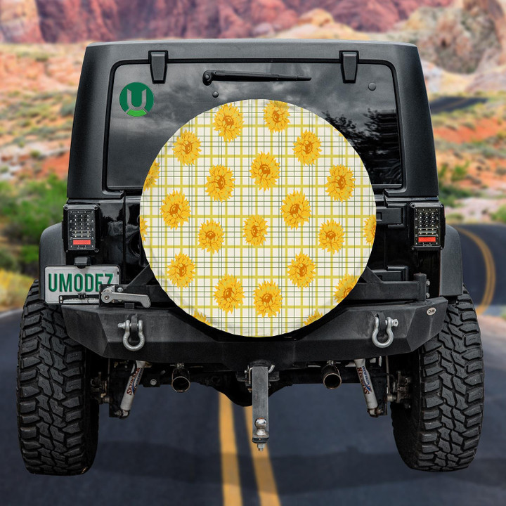 Bright Yellow Sunflower Elements On Plaid Background Spare Tire Cover - Jeep Tire Covers