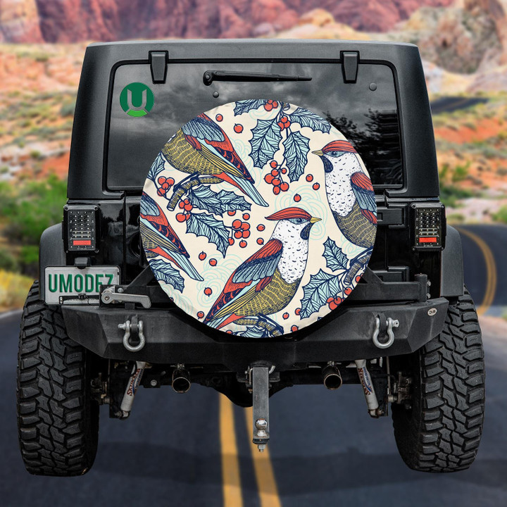 Bird Waxwings And Holly Berries Spare Tire Cover - Jeep Tire Covers