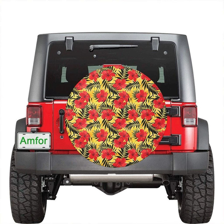 Yellow Background Tropical Flowers And Palm Leaves Hawaii Spare Tire Cover - Jeep Tire Covers