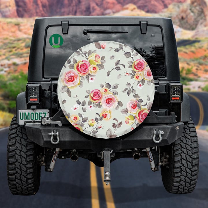 Spring Floral Colorful English Roses On Light Green Design Spare Tire Cover - Jeep Tire Covers