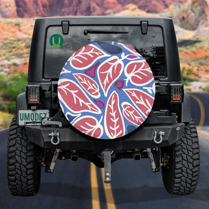 Repeating Pattern Colored Leaf Drawing On Blue Background Spare Tire Cover - Jeep Tire Covers