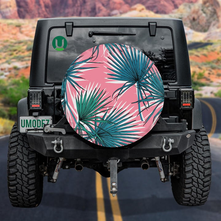 Green Fan Palm Image White Shadow On Pink Background Spare Tire Cover - Jeep Tire Covers