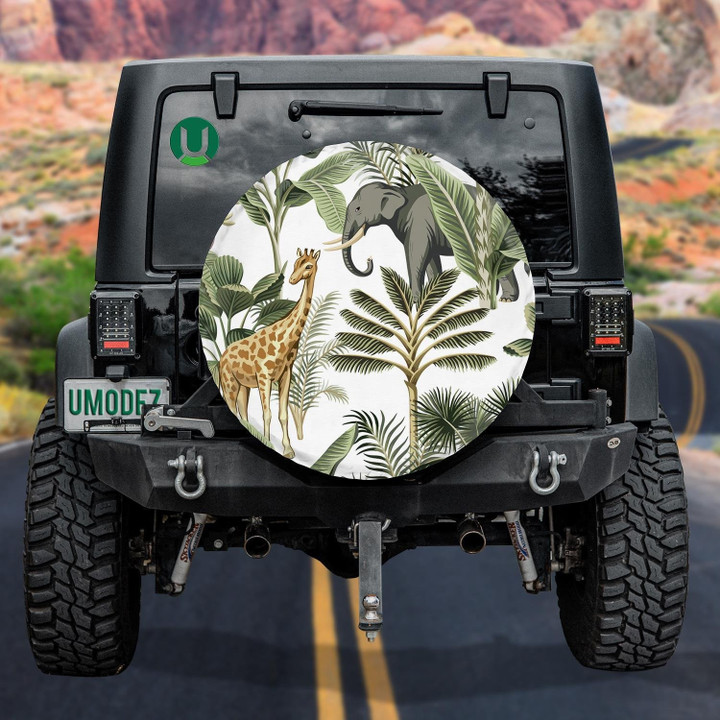Elphant Giraffe With Tropical Palm Tree And Plant Floral Spare Tire Cover - Jeep Tire Covers