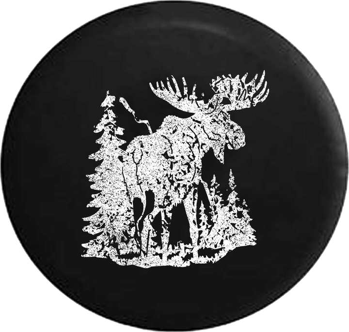 Distressed Moose In Mountains Scene Ornamental On Black Spare Tire Cover - Jeep Tire Covers