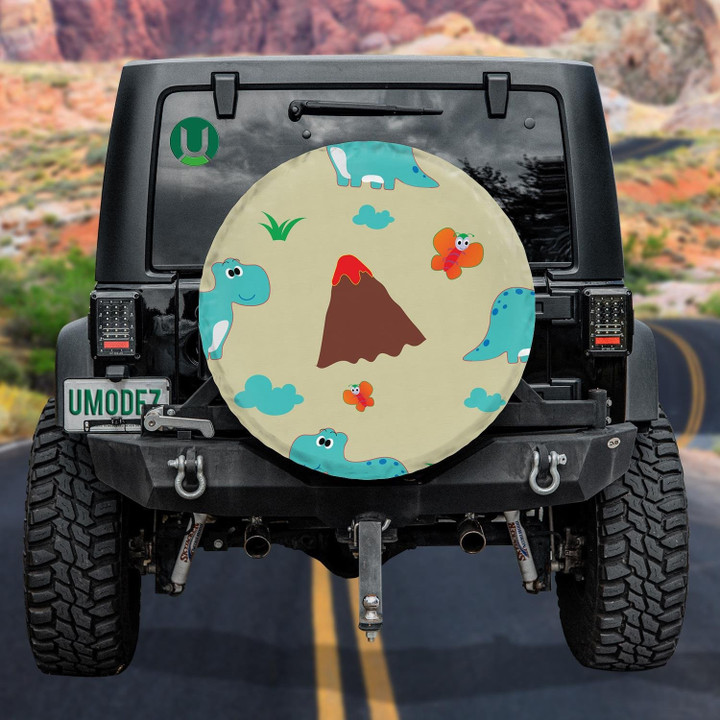 Baby Blue Dinosaurs With Volcano Mountain Eruption Spare Tire Cover - Jeep Tire Covers