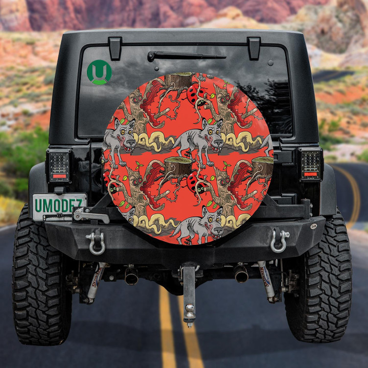 Wolf And Dangerous Tree Forest On Red Spare Tire Cover - Jeep Tire Covers