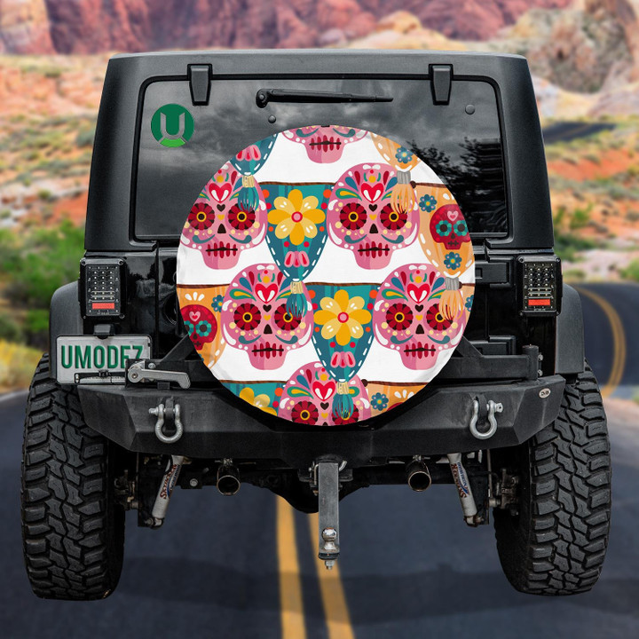 Colorful Traditional Sugar Skull Mexican On White Background Spare Tire Cover - Jeep Tire Covers