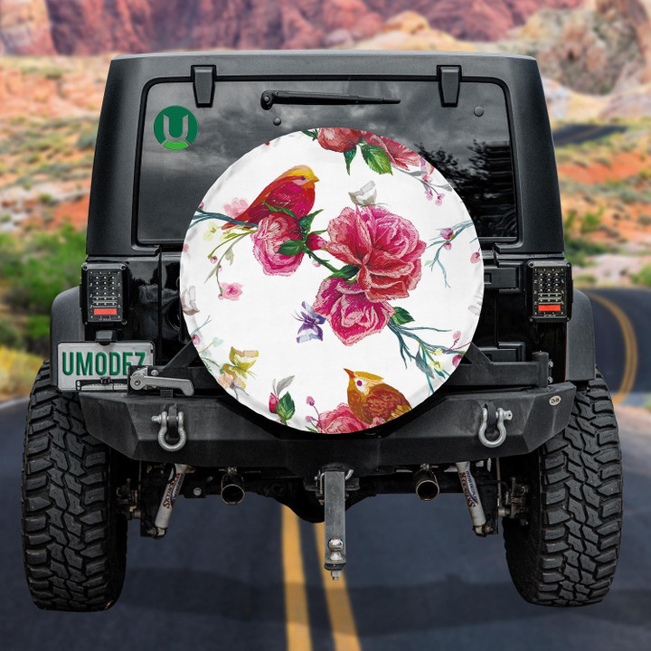 Butterfly And Birds Seeing Beautiful Flowers Spare Tire Cover - Jeep Tire Covers