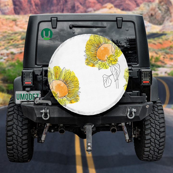 Childish Drawing Sunflowers Floral Background With Watercolor Spots Spare Tire Cover - Jeep Tire Covers
