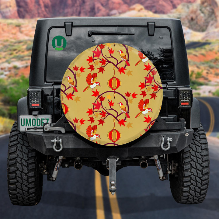 Japanese Autumn With Maple Leaves Lanterns And Birds Spare Tire Cover - Jeep Tire Covers