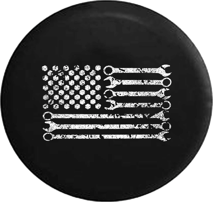 Distressed Mechanic American Flag Wrenches Bolts Ornamental On Black Spare Tire Cover - Jeep Tire Covers