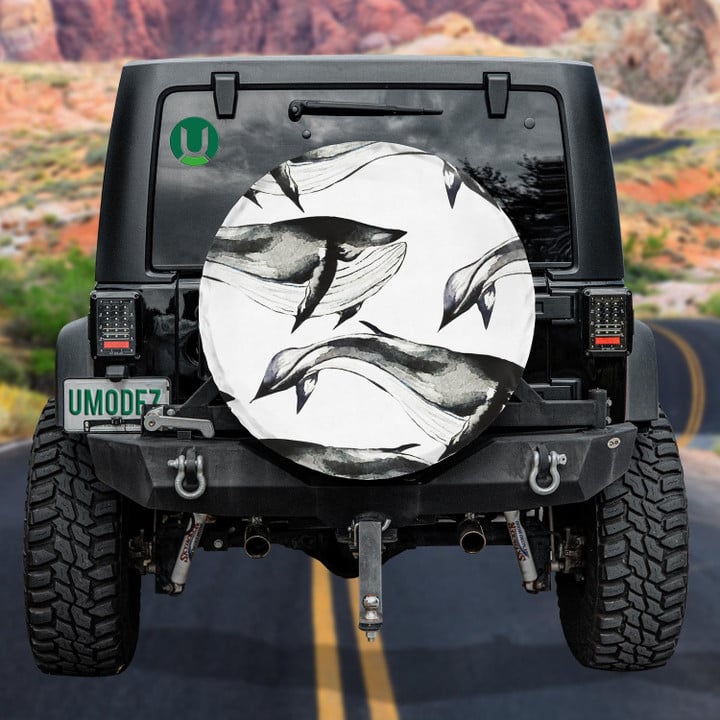 Black White Pattern Of Amazing Whale Watercolor Design Spare Tire Cover - Jeep Tire Covers