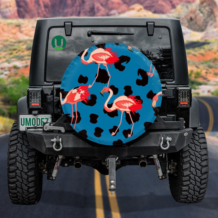 Summer Background With Flamingos And Leopard Spare Tire Cover - Jeep Tire Covers