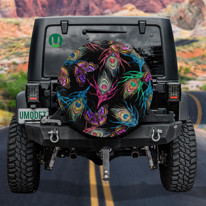 Theme Colorful Peacock Feathers And Flying Butterflies Spare Tire Cover - Jeep Tire Covers