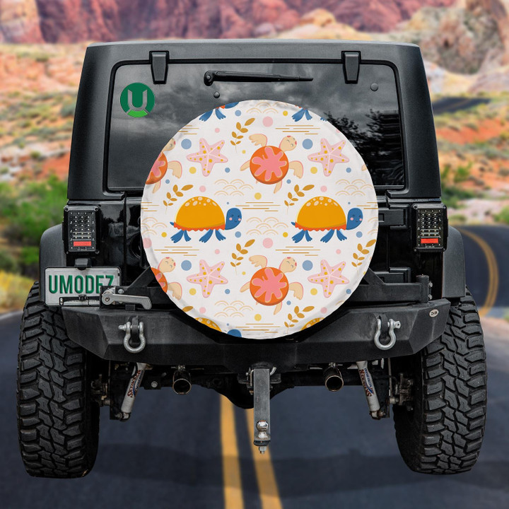 Sea Turtles And Seaweed In Cartoon Background Spare Tire Cover - Jeep Tire Covers