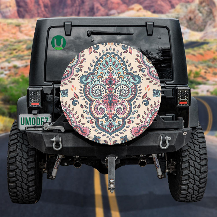 Indian Madala Motif With Floral On Beige Background Spare Tire Cover - Jeep Tire Covers