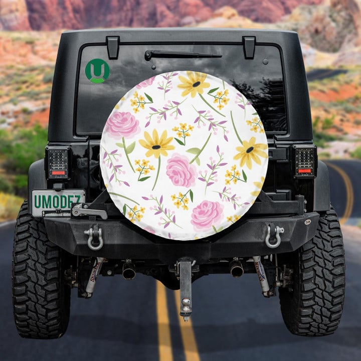 Charming Roses And Sunflowers Pattern On White Background Spare Tire Cover - Jeep Tire Covers