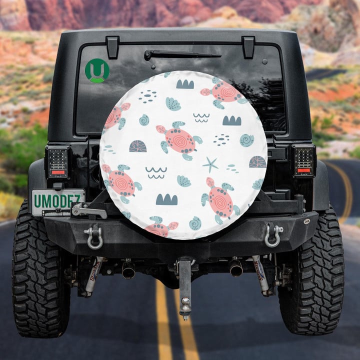 Cute Swimming Pink Turtles On White Spare Tire Cover - Jeep Tire Covers
