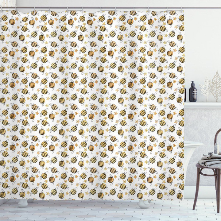 Hand Drawn Flowers Bees Pattern Shower Curtain Home Decor