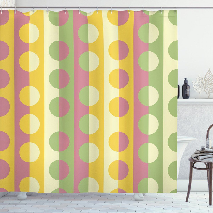 Retro Geometric Stripe Spotted Pattern Printed Shower Curtain