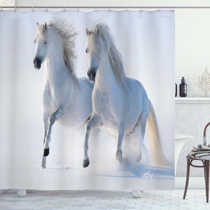 Wintertime Horse Animal Running On Ice Pattern Printed Shower Curtain