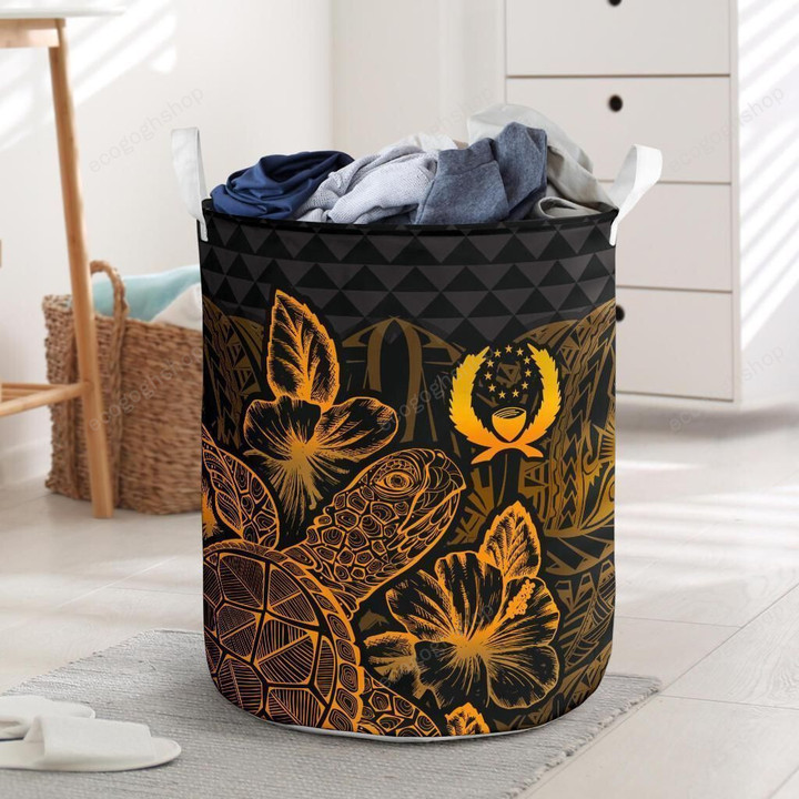 Pohnpei Polynesian Turtle Hibiscus Gold Logo Laundry Basket