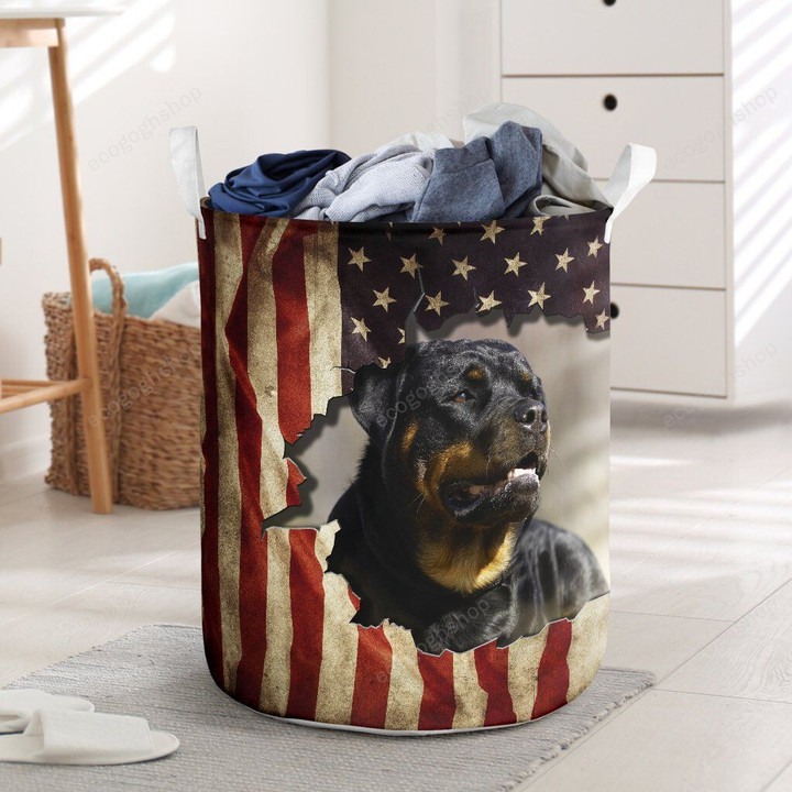 Cute Rottweiler In The Hole American Flag  Laundry Basket