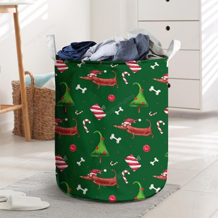 Christmas Dachshund Wearing Santa Hat Laundry Basket