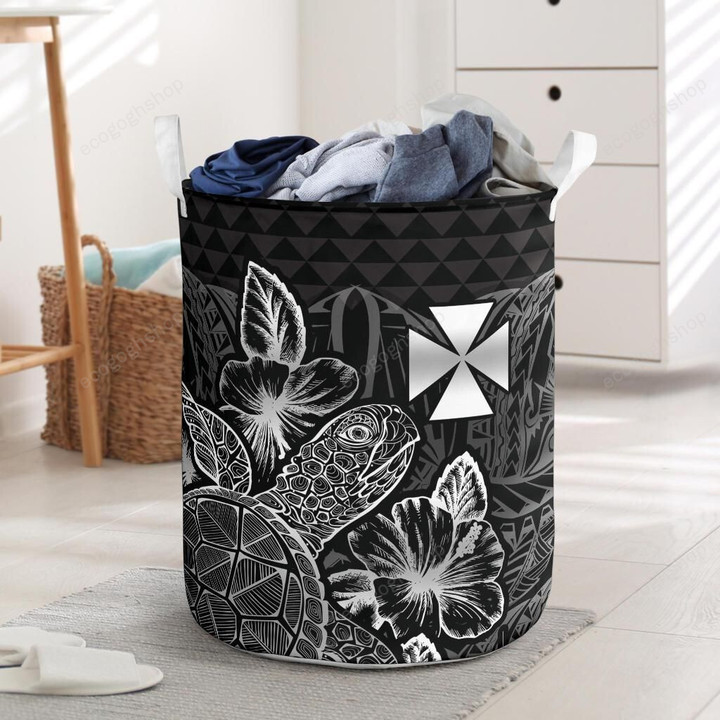 Wallis And Futuna Logo With Polynesian Turtle Hibiscus Black Laundry Basket