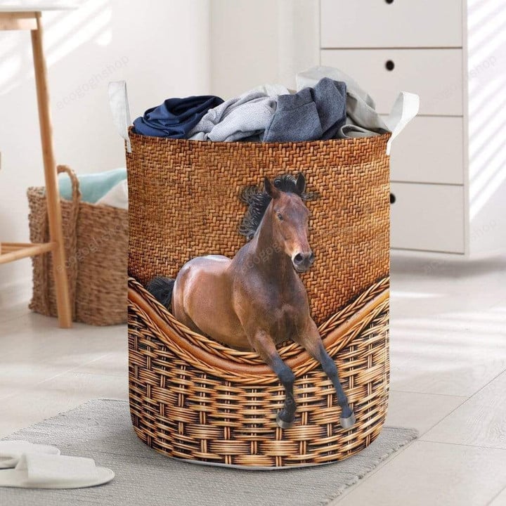 Brown Horse Keep Running Rattan Texture Laundry Basket
