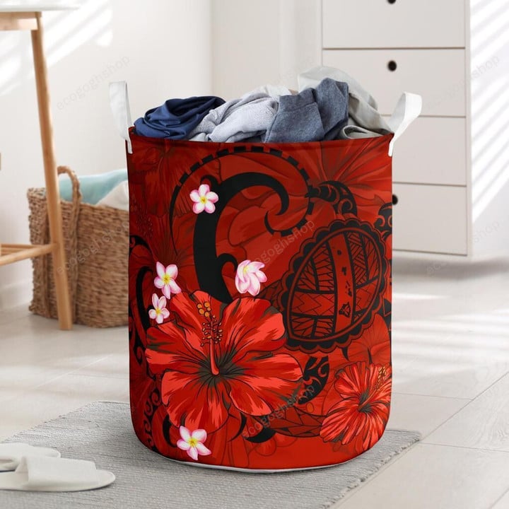 Red Hibiscus Plumeria Polynesian Turtle Hawaii Laundry Basket