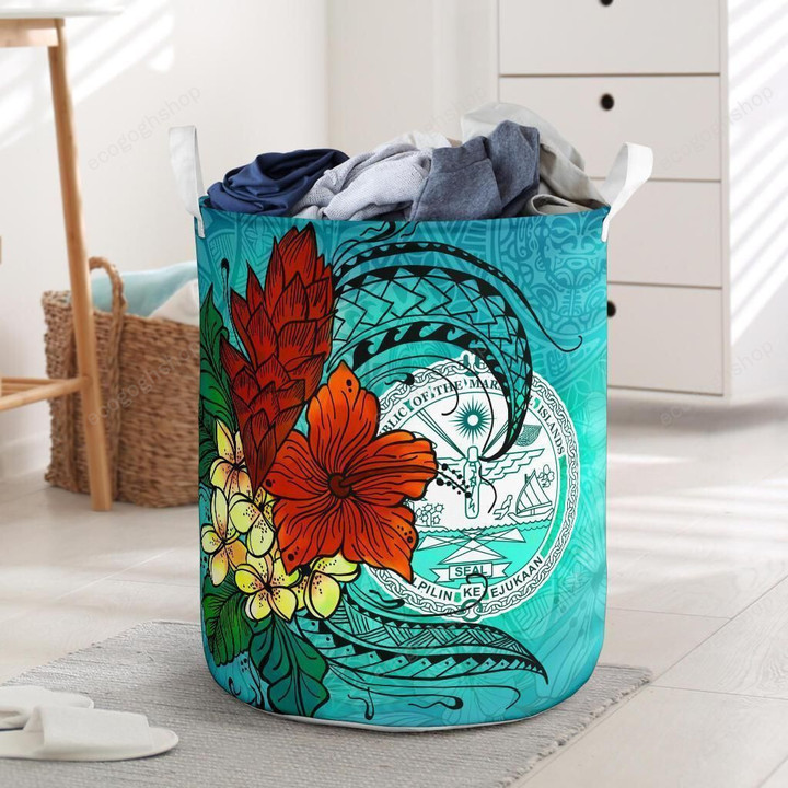 Marshall Islands Blue With Tropical Flowers Laundry Basket